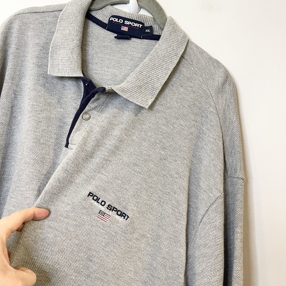 Vintage Polo Ralph Lauren Short Sleeve Rugby Shirt Gray Embroidered Flag Preppy - Picture 3 of 4
